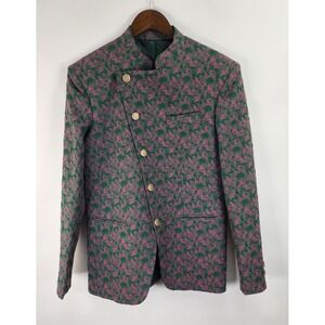 French Crown Blazer Jacket Men's 36 Green Pink Tapestry Slant Button Pockets